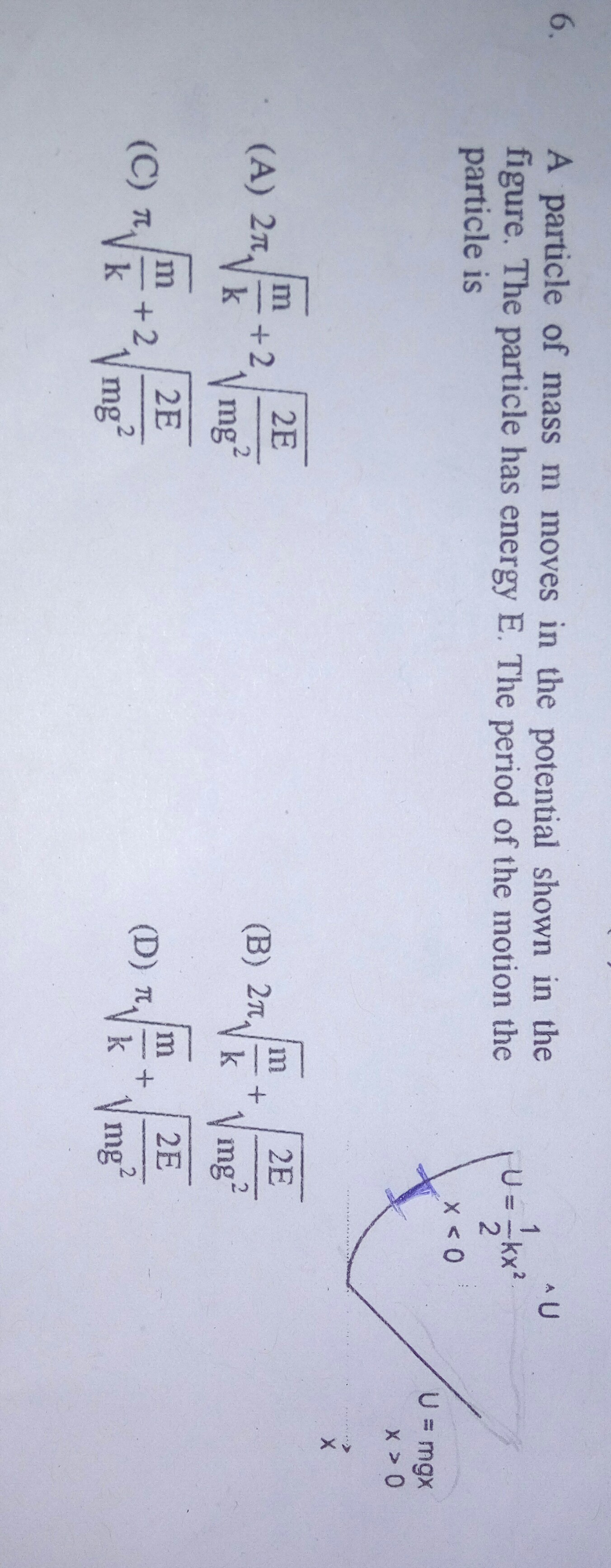 Question image for A PARTICLE OF MASS M MOVES IN THE POTENTIAL SHOWN